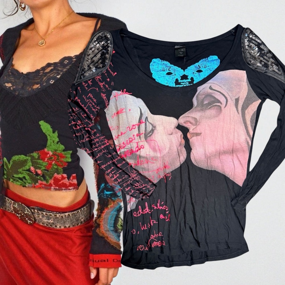Desigual Long Sleeve Top Cirque du Soleil Graphic Sequin Black Small